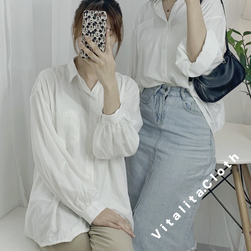Áo sơ mi lụa trắng tay bồng form rộng Oversize - Phong cách Ulzzang Hàn Quốc phối đồ cực xinh