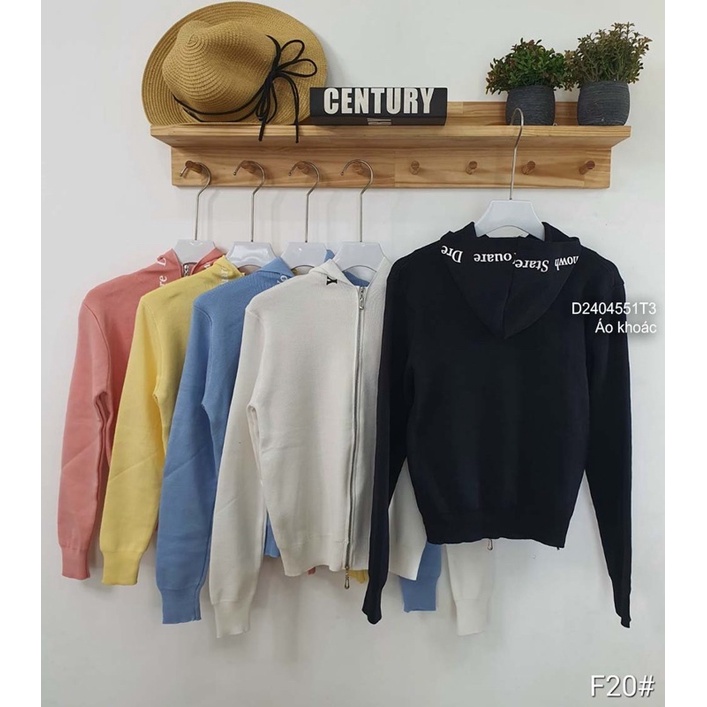 Áo khoác len khóa kéo nón phối chữ