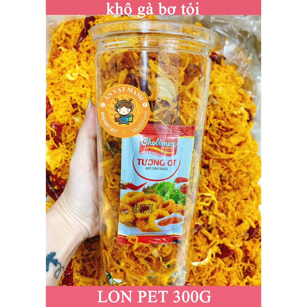 KHÔ GÀ BƠ TỎI, lon pet 300G, loại ngon, Mami Food