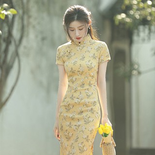 2021 Sườn Xám Mùa Hè Phong Cách Trẻ Trung Nhỏ Cải Tiến Đầm Cô Gái Vàng Retro Thời Gian Sang Trọng Đầm