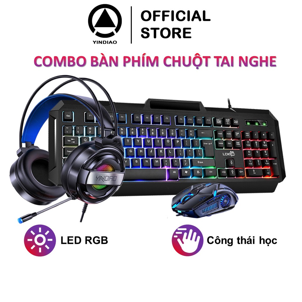 Combo bàn phím máy tính gaming RGB YINDIAO R290 | Chuột gaming G5 | Tai nghe chụp tai Q3 đèn led RGB
