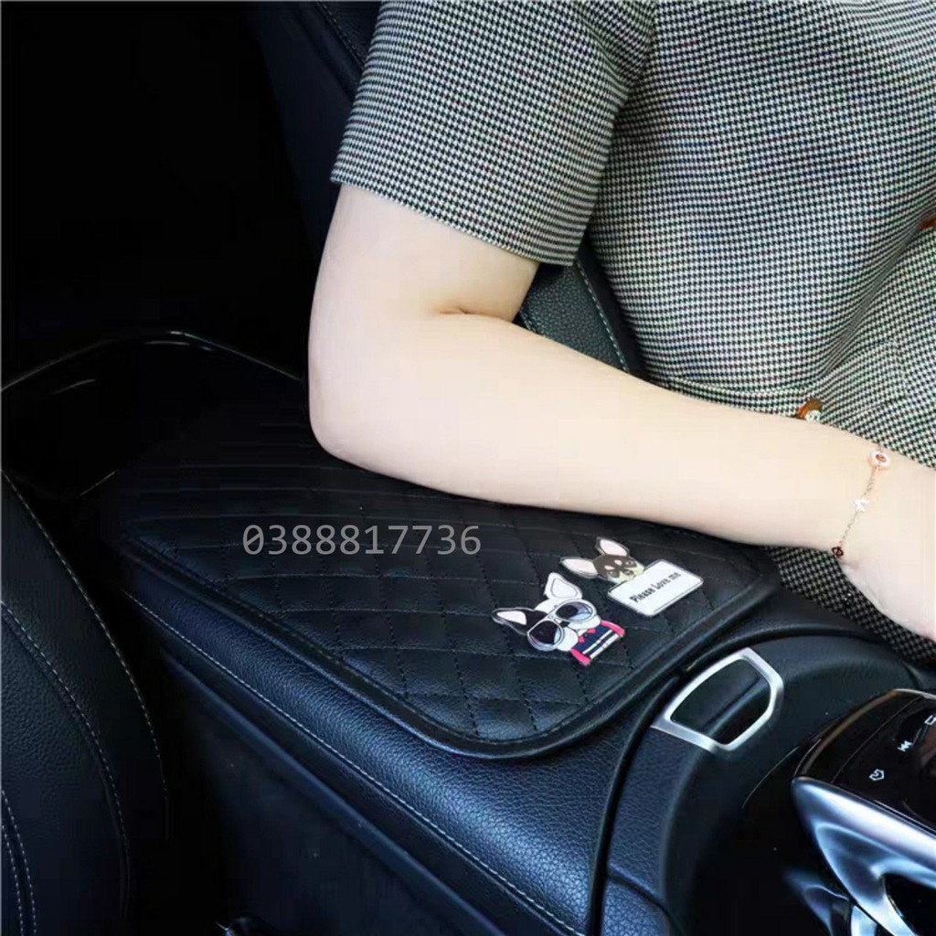 Lót hộp tỳ tay ô tô bằng da gắn hoạ tiết hoạt hình dễ thương