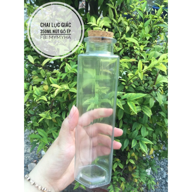 Chai thuỷ tinh lục giác 350ml nút gỗ ép