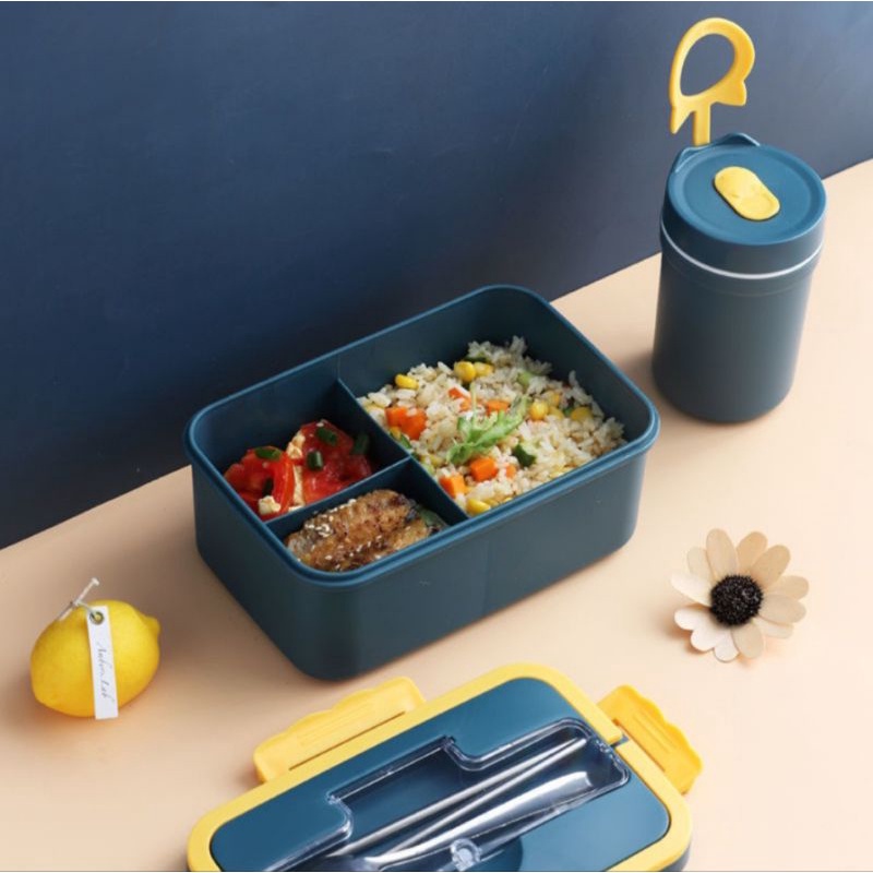 HỘP ĐỰNG CƠM BA NGĂN LÚA MẠCH AN TOÀN CHO SỨC KHỎE KÈM ĐŨA MUỖNG INOX