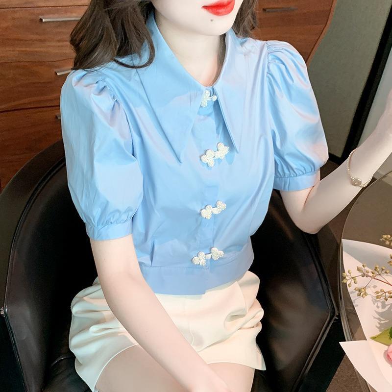 Áo Sơ Mi Vải Voan Dáng Ngắn Màu Xanh Dương Thời Trang Mùa Hè Cho Nữ