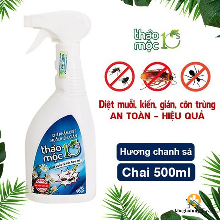 Bình Xịt Diệt Muỗi Kiến Gián Mối Sinh Học THẢO MỘC 10S Hương Sả Chanh (Chai 500ml)