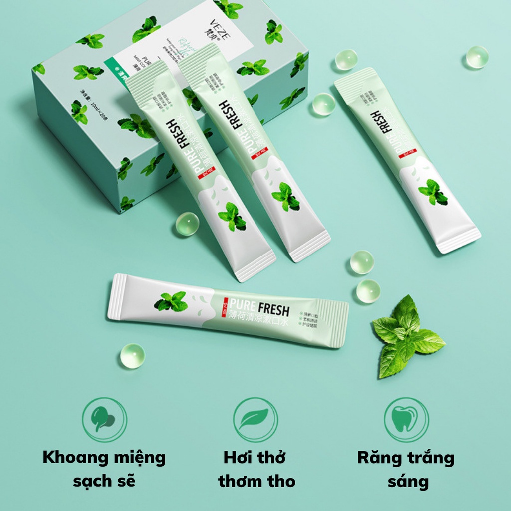 [Hộp 20 gói] Nước súc miệng dạng gói 10ml, mang theo tiện lợi, răng trắng sáng, hơi thở thơm mát sạch sẽ, hương trái cây