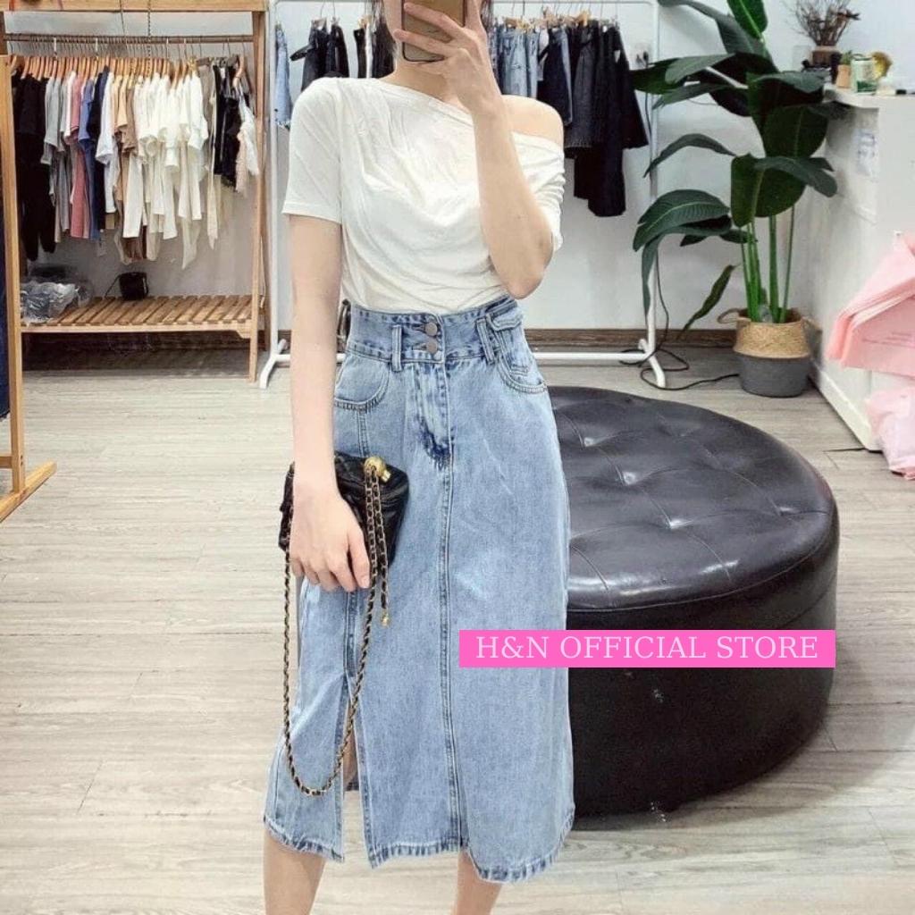 Chân váy jean dài xẻ tà chữ a lưng cao chân váy bò dài qua gối phong cách hàn quốc HN Clothing CV3