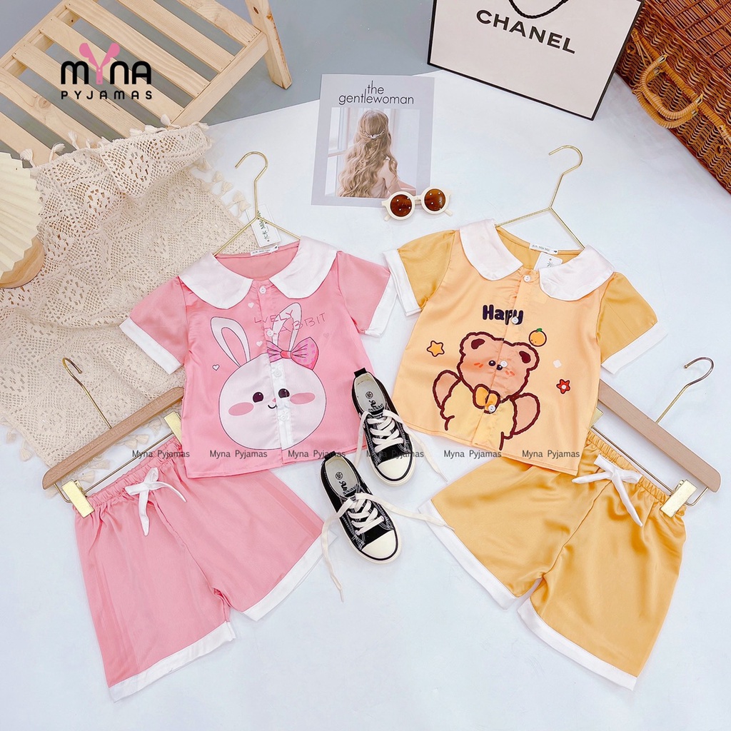 Bộ pijama bé gái áo cộc quần đùi cổ sen in 3D