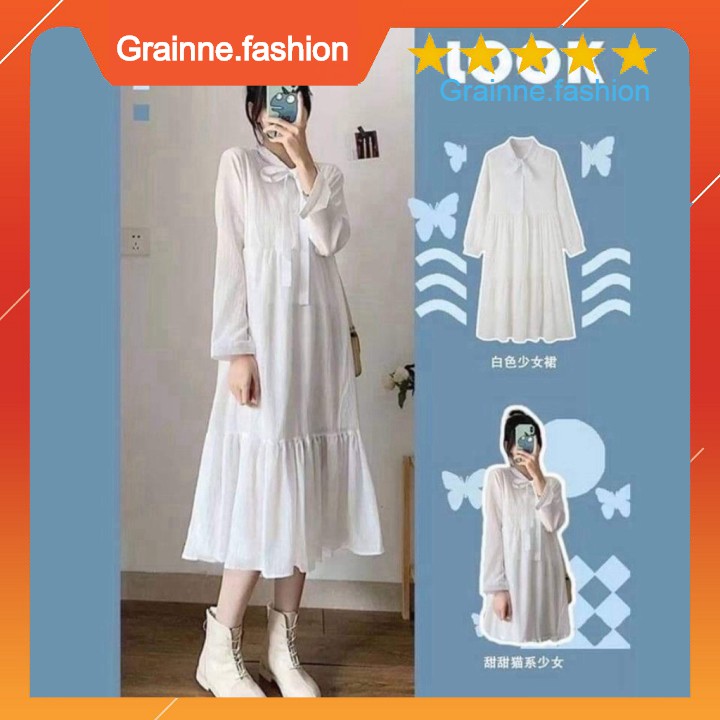 (new) VÁY BABYDOLL Nữ Dài Tay Buộc Nơ dáng suông - YUMI Dress - Đầm Maxi Tay Chun Bèo Tầng 👗