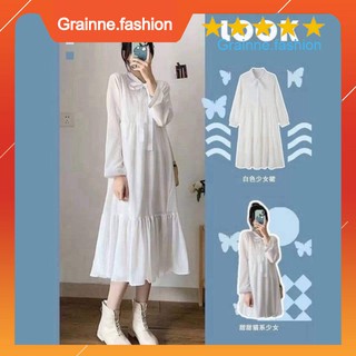 Váy babydoll nữ dài tay buộc nơ dáng suông - yumi dress - đầm maxi tay chun bèo tầng 👗