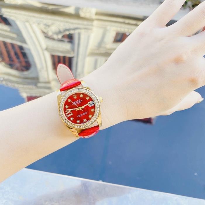 Đồng Hồ Nữ Rolex Dây Da Mặt Đính Đá Size 32mm Có Lịch Ngày - Bảo Hành 12 Tháng - Combo Quà Chất