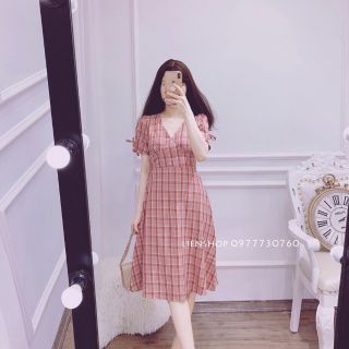 Váy kẻ cổ tim tay bồng ly ngực