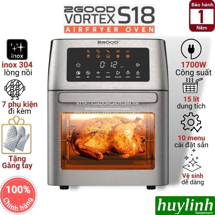 [Mã ELHAMS5 giảm 6% đơn 300K] Nồi chiên không dầu điện tử 2Good Vortex S18 - 15 lít - Tặng găng tay - 10 chức năng