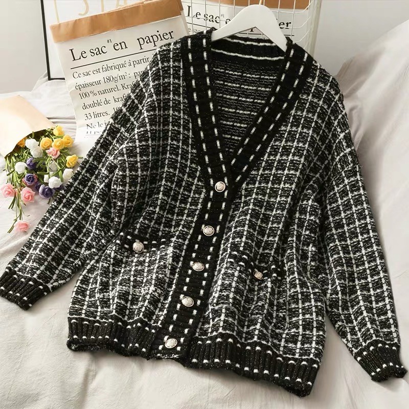 Áo khoác cardigan len kẻ Quảng Châu dáng rộng - 3 màu : Trắng, Đen, Hồng