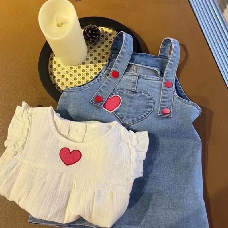 Bộ Áo Sơ Mi Cotton Nguyên Chất Dài Tay + Đầm Yếm Denim Màu Xanh Dương Phong Cách Mới Xuân Thu 2023 Cho Bé