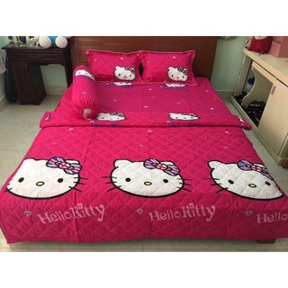 Bộ chăn hè ga gối, Drap giường 5 món mẫu KITTY HỒNG ĐẬM
