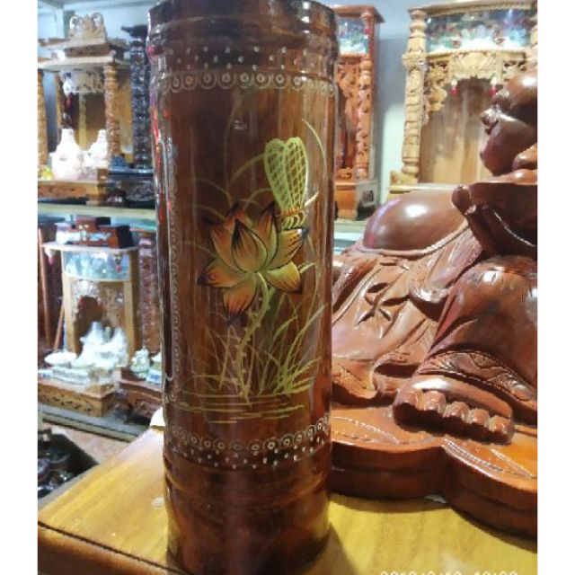 Ống Đựng Nhang 27cm gỗ Tràm Bông Vàng Đắp Nổi