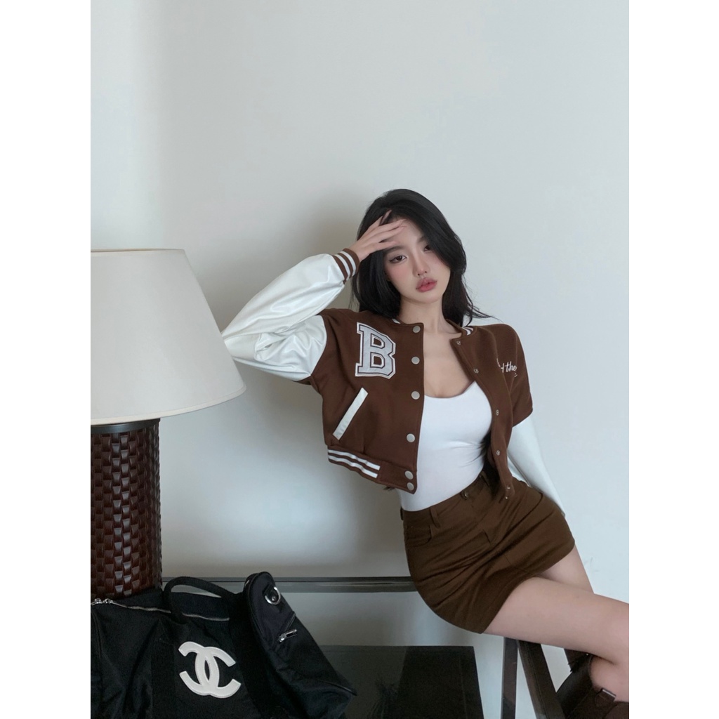 Áo khoác cotton tay dài dáng ngắn/ Chân váy ôm hông thời trang phong cách retro kiểu Mỹ cho nữ