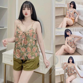 Đồ bộ nữ, đồ ngủ lụa tơ mềm mịn, áo voan họa tiết phối quần lụa