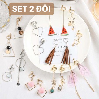 Set 2 Đôi Khuyên Tai Kẹp Không Xỏ Lỗ Bền Đẹp Không Rỉ