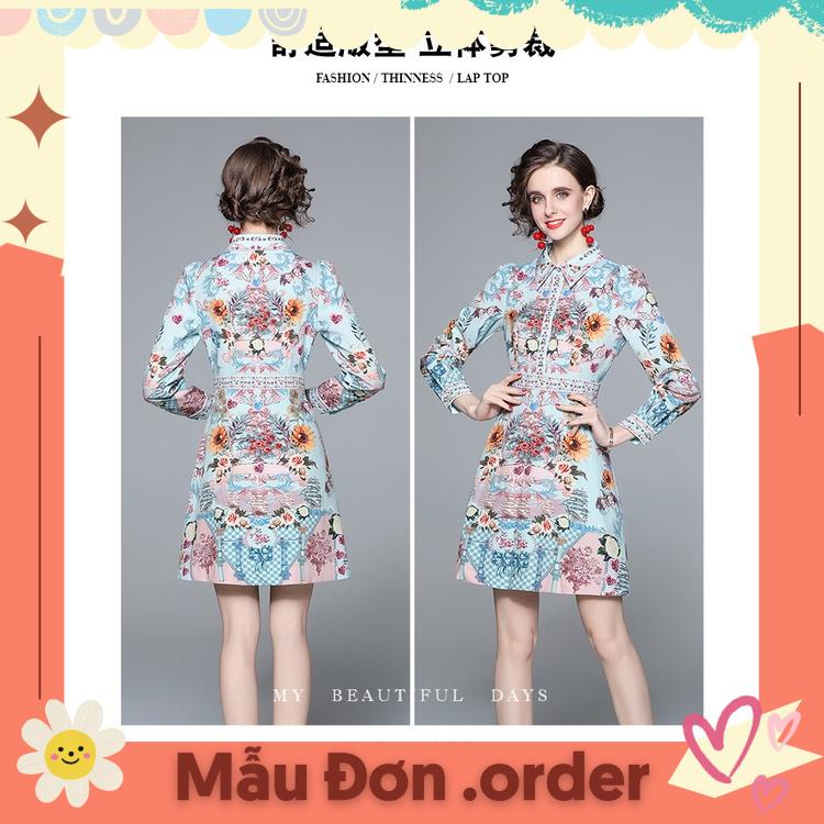 (Mẫu Đơn.order) Cung điện phong cách retro in cao cấp váy ôm mỏng manh tính khí