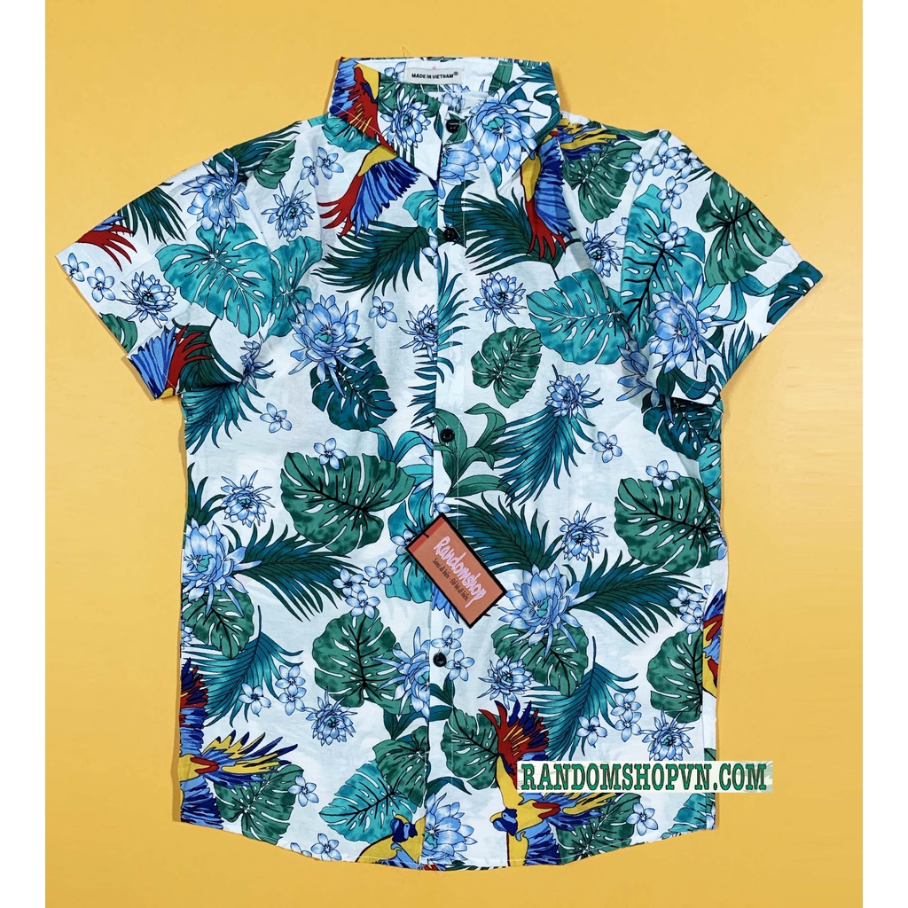 Áo sơ mi hoa lá chim cò đi biển, chất đũi mềm mát nam nữ mặc đẹp