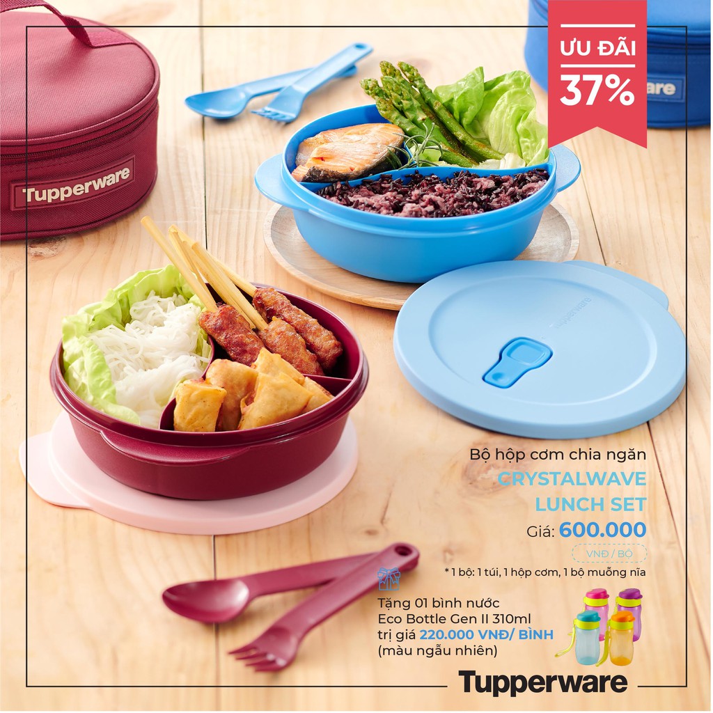 Bộ hộp cơm Lò Vi Sóng Crystal Wave Lunch Set Tupperware TẶNG Bình Eco 310ml