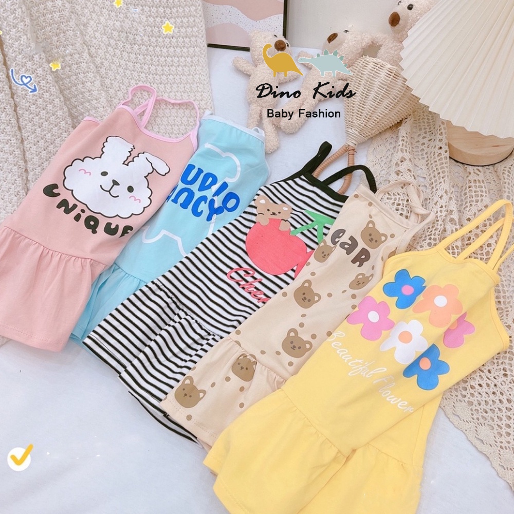 Váy hai dây bé gái chất cotton tàu đuôi cá dễ thương, váy 2 dây họa tiết đáng yêu thoáng mát mùa hè cho bé