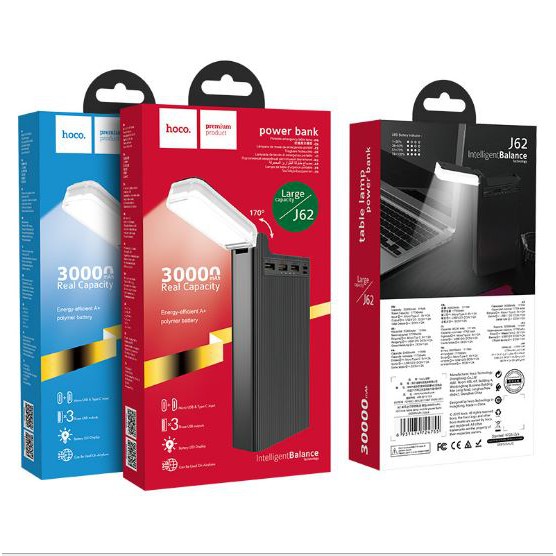 Pin Sạc Dự Phòng 30.00mAh Hoco J62/J62A - Tích hợp 2 cồng IN, 3 cồng OUT, Đèn Pin Siêu Sáng