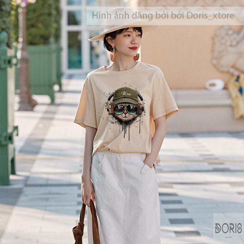 Áo Thun Tay Lỡ💥Áo Phông Tay Lỡ Dáng Unisex Form Rộng Phong Cách Ulzzang Hình Mèo Nghe Nhạc Doris_xtore