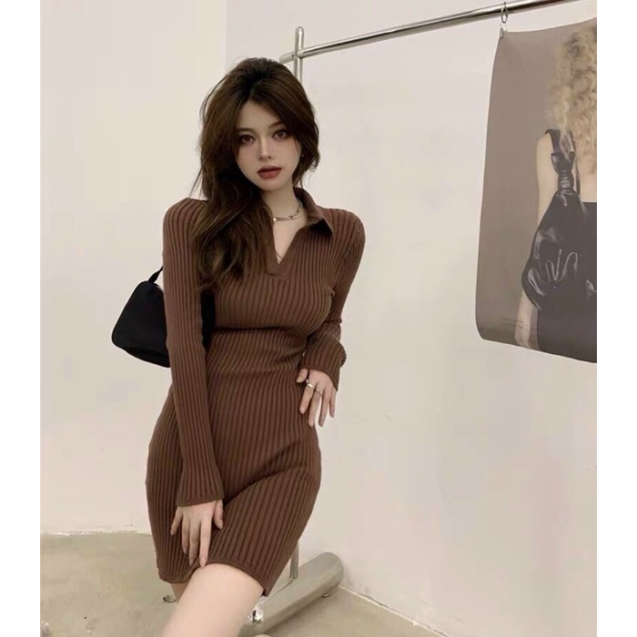 Đầm váy nữ Đầm body thun gân tôn dáng tay dài cổ sơ mi