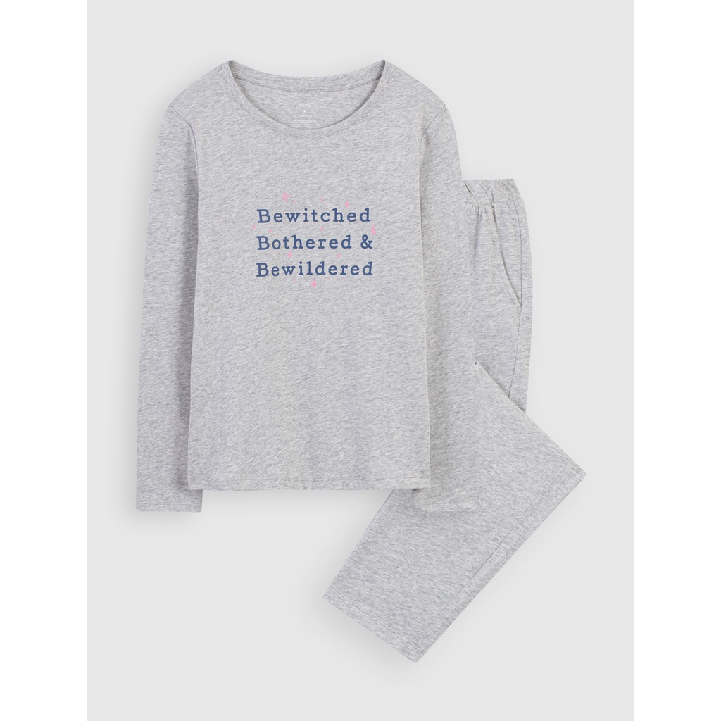 Bộ quần áo nữ CANIFA dài tay quần dài dáng suông cổ tròn 100% cotton xanh xám - 6LS21W023