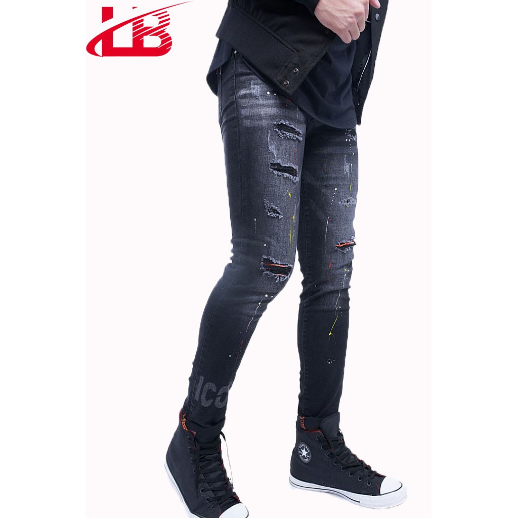 Quần jean nam LB co giãn, chất jean dày dặn, cắt rách, vải sơn - đắp kết hợp in ICON , DNBB548 | BigBuy360 - bigbuy360.vn