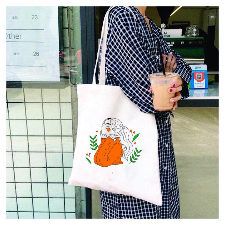 Túi tote vải canvas mềm in hình cô gái áo cam siêu hot