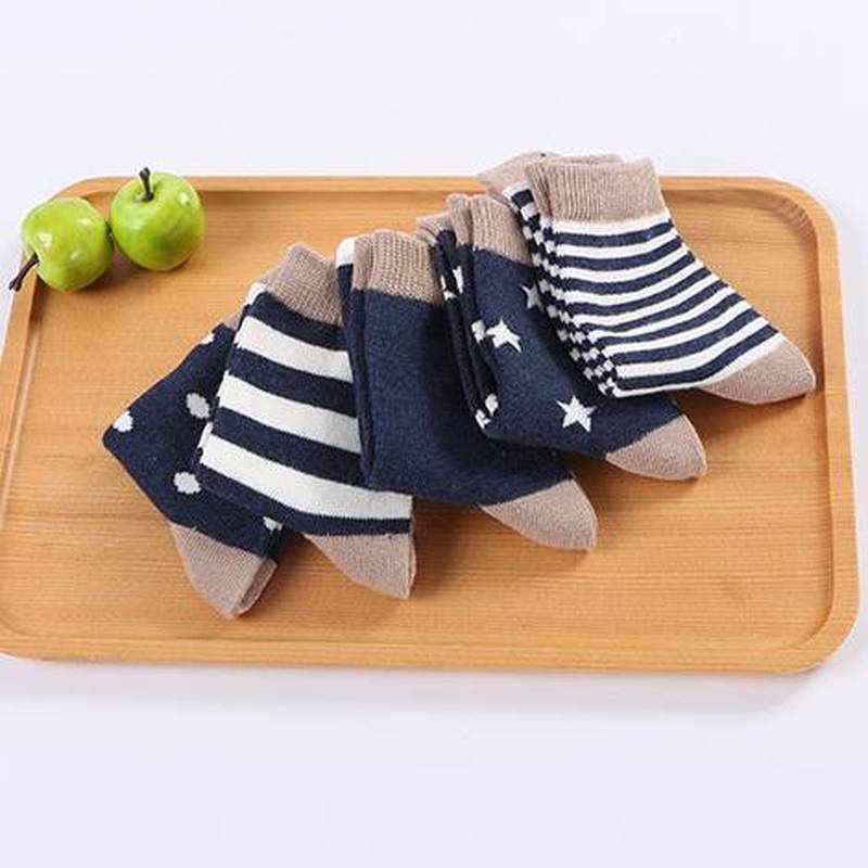 Bộ 5 Đôi Vớ Cotton Dệt Kim Họa Tiết Sọc In Hình Thú Cho Bé Sơ Sinh 0-6 Tuổi