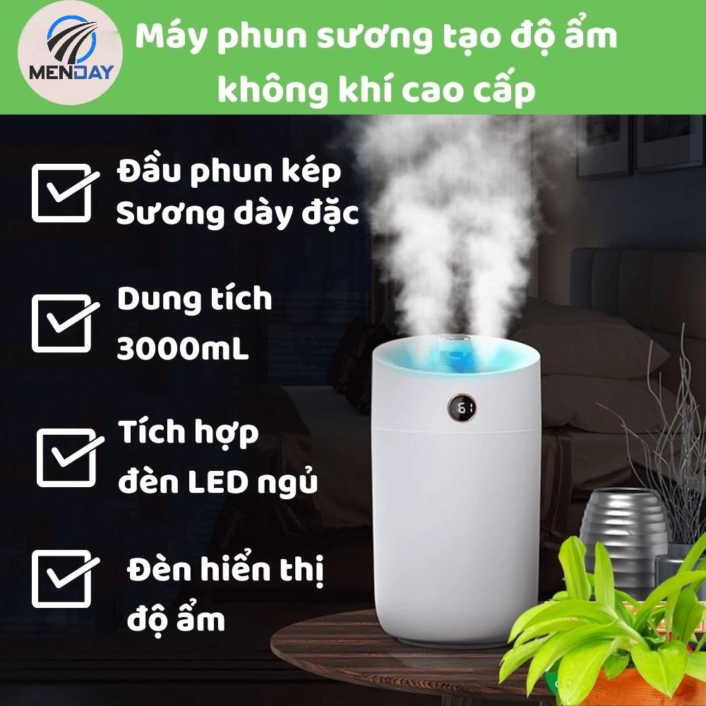 Máy phun sương tạo ẩm 2 Đầu phun Cao Cấp dung tích lớn 3L Đèn xông tinh dầu thơm phòng Có đồng hồ đo độ ẩm DX3L Minday