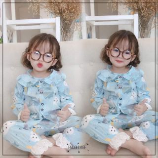 Pijama lụa thô mềm in hình phối ren