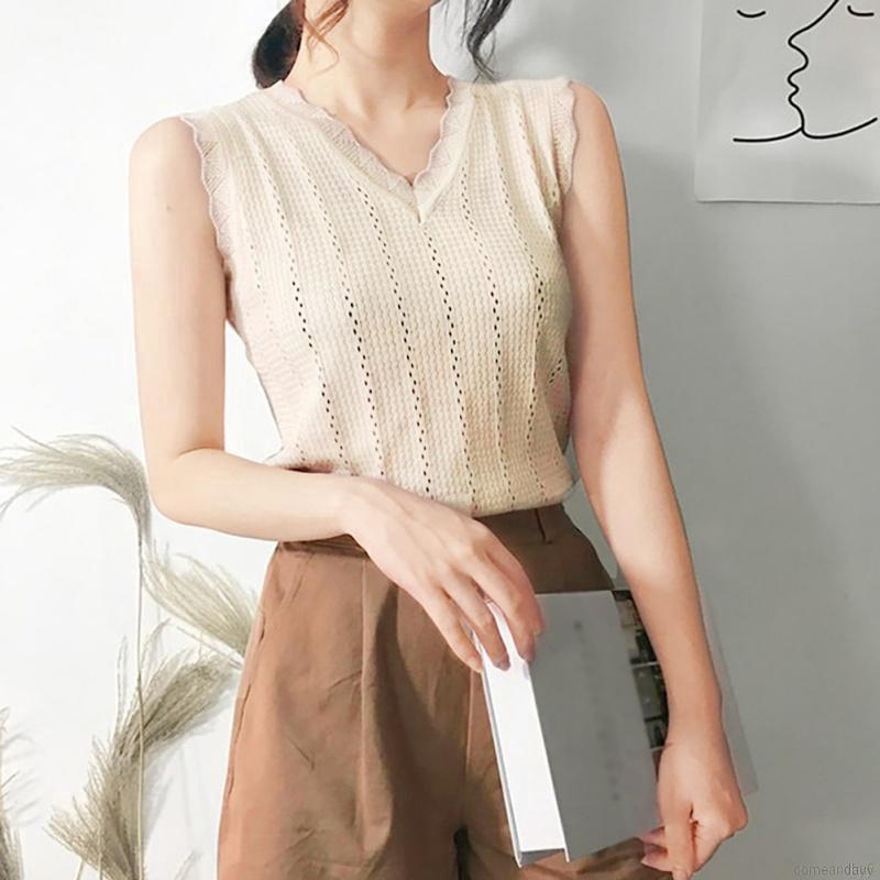 Áo Dệt Kim Không Tay Cổ V Thời Trang Hàn Quốc Cho Nữ