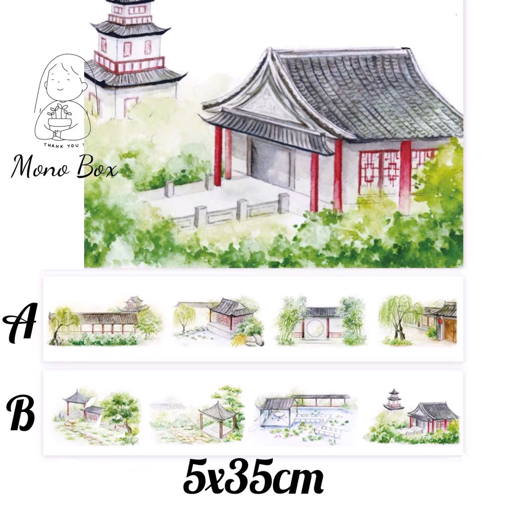 [Chiết] Washi tape 5x35cm, băng keo dán trang trí chủ đề phong cảnh thiền viện làm tranh washi Mono_box