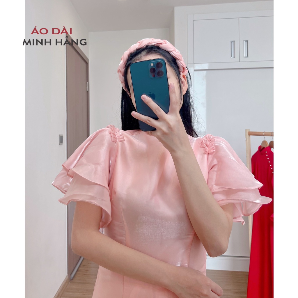 Áo Dài Cách Tân Nữ May Sẵn Thiết Kế 4 Tà Tay Bèo Màu Hồng Cách Điệu Nhẹ Nhàng, Áo Dài Minh Hằng- MH004