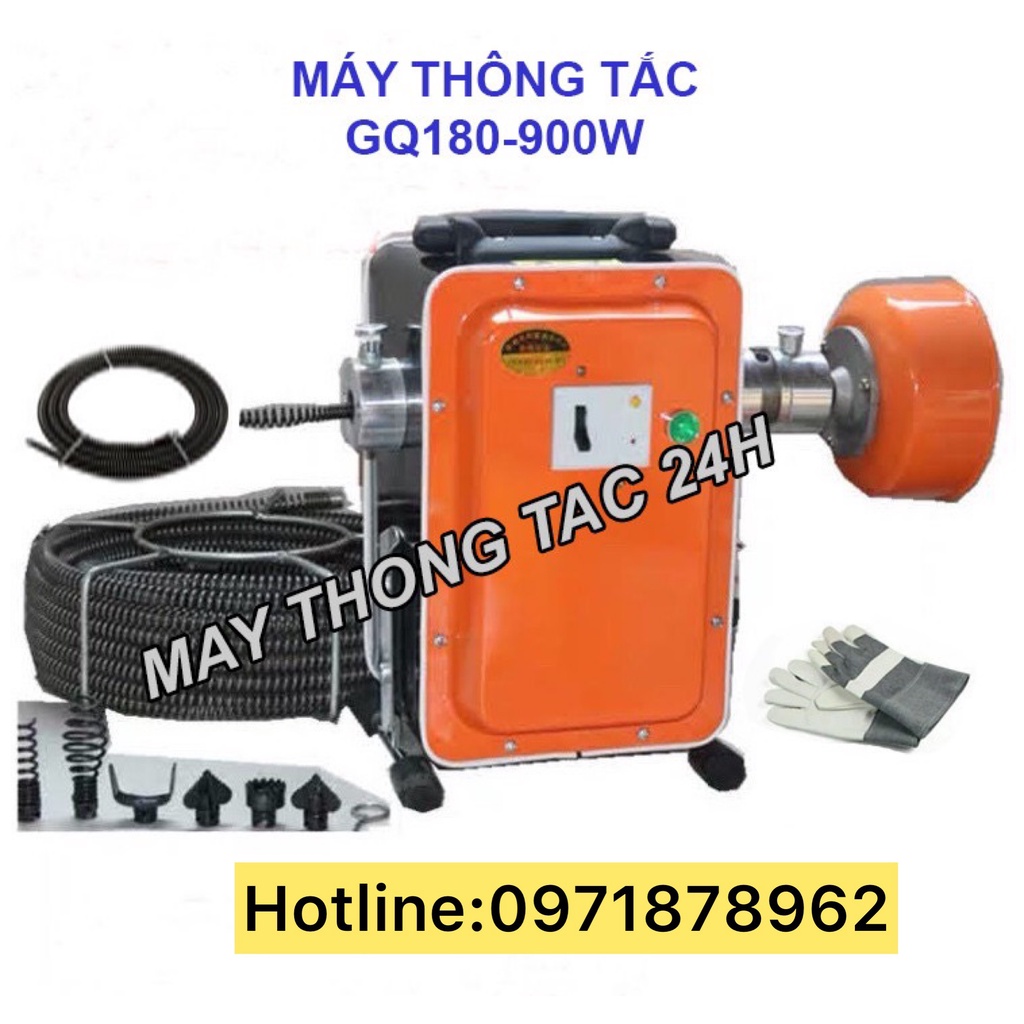 Máy thông tắc cống, đường ống GQ180 công suất 900W kèm theo 2 cuộn dây phi 8, 16 và 6 bộ đầu thông tặng thêm bộ gang tay