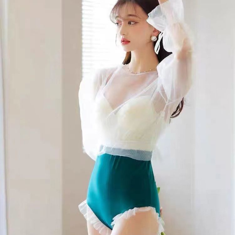 Bộ Đồ Bơi 2 Mảnh Lưng Cao Tay Dài Phối Ren Màu Đen Quyến Rũ Cho Nữbikini đi biển