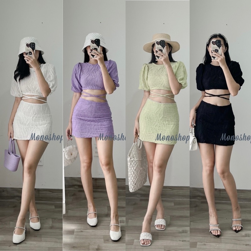 Set áo croptop đan dây sau cột dây eo kèm chân váy ôm vải lượn sóng Ảnh thật/ sẵn