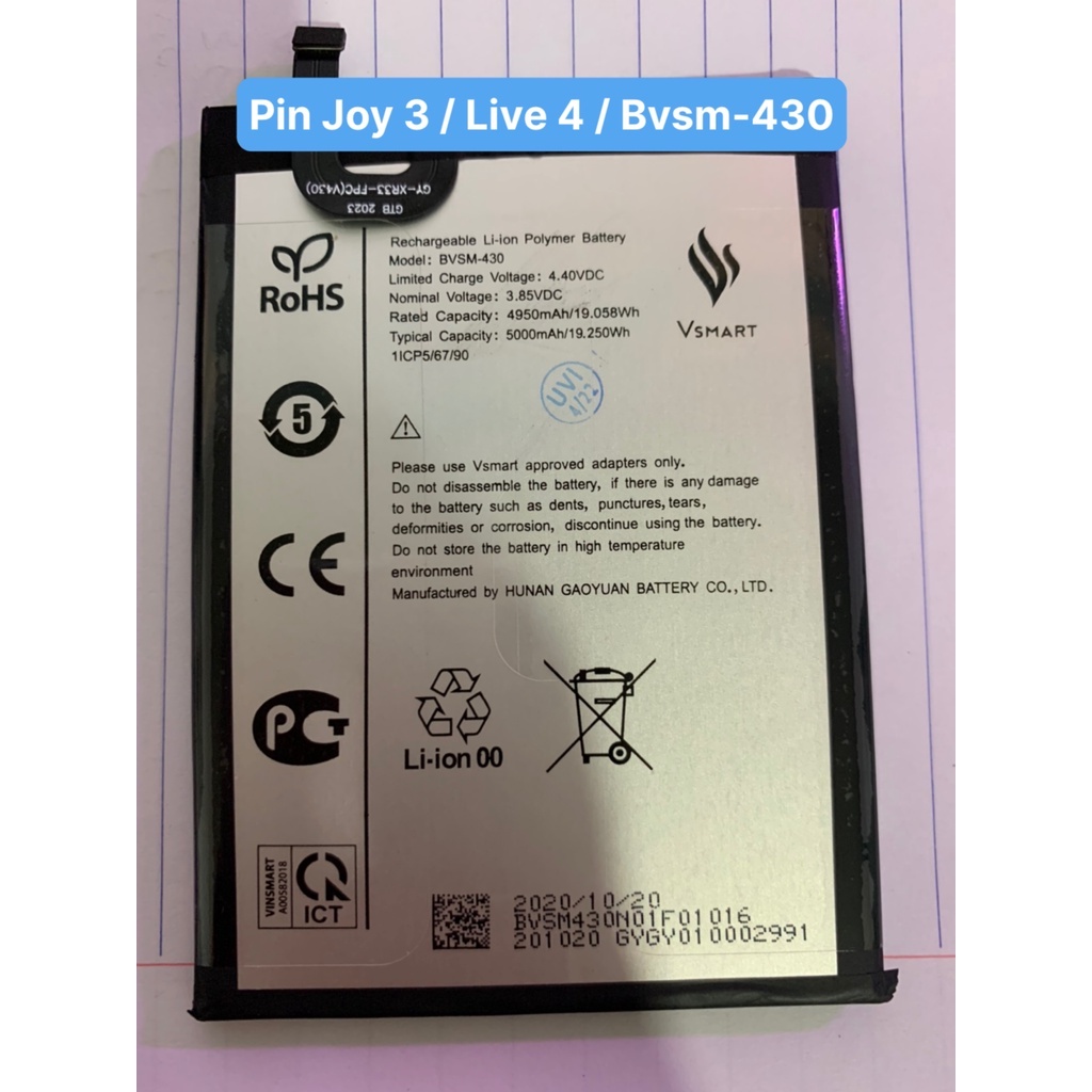 Pin Joy 3 / Live 4 / Bvsm-430 / Vsmart / 4950mAh / zin / bảo hành 3 tháng