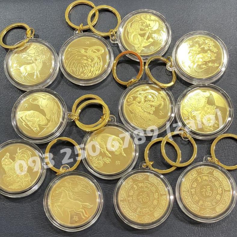 Móc Khóa Đồng Xu Khắc Hình 12 Con Giáp Phong Thủy May Mắn, Chất Liệu Niken Mạ Vàng Sáng Bóng