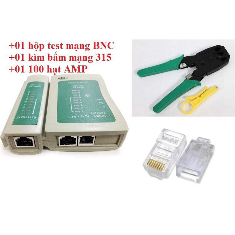 Bộ combo : Kìm mạng + hộp test mạng + đầu bấm dây mạng (100 hạt)