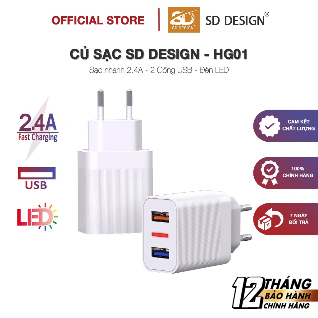 Củ sạc 2 cổng USB 2.4A SD DESIGN HG01 sạc chính hãng sử dụng cho các dòng điện thoại di động bảo hành 1 đổi 1