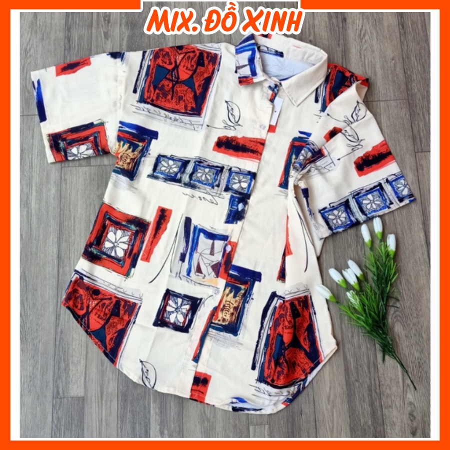 Áo sơ mi nữ form rộng tay lỡ Thu Hà dáng ulzzang chất liệu đũi trơn mịn mát, in hình Ô Tranh