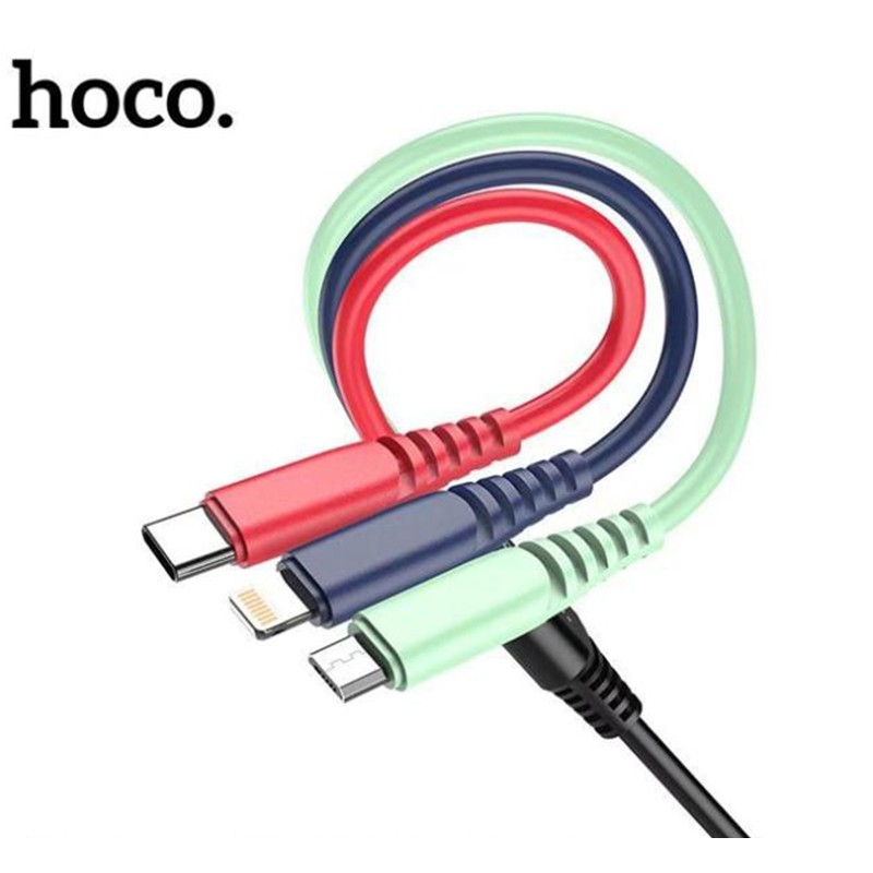 Cáp sạc Hoco DU04 3 in 1 ( Lightning+Micro+Type-C ) sạc nhanh 3.0A, dây dẻo màu sắc, đầu sạc chống gập dài 120cm